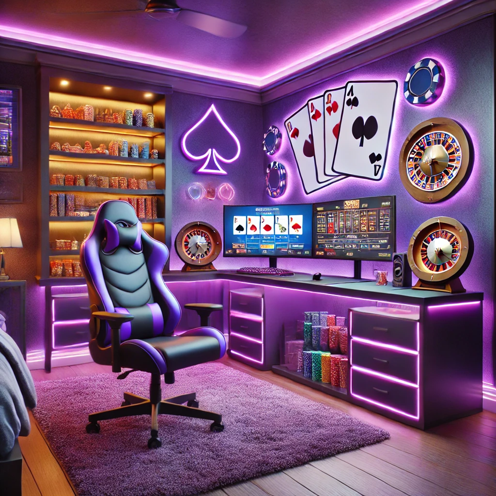 DALL·E 2024-10-10 16.59.40 - A furnished room designed for a casino streamer, featuring a stylish purple color scheme. The room includes a comfortable gaming chair in front of a d Casino Streamer Room